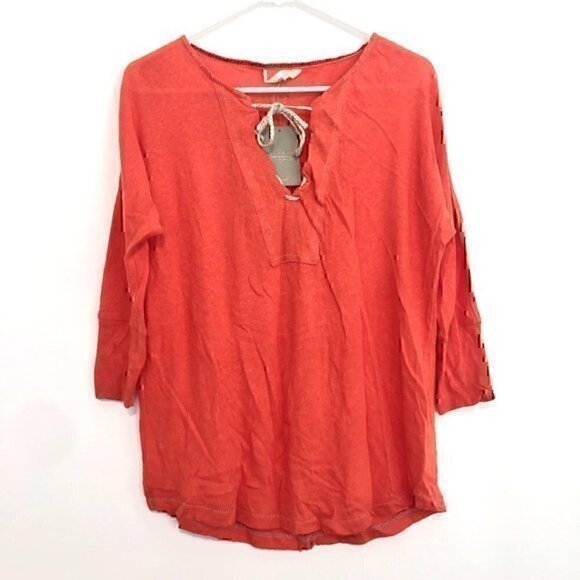 NEW NWT ANTHROPOLOGIE ANTHRO Orange Red V-Neck Lace Up Linen Cotton 3/4 Sleeve S - Picture 1 of 11